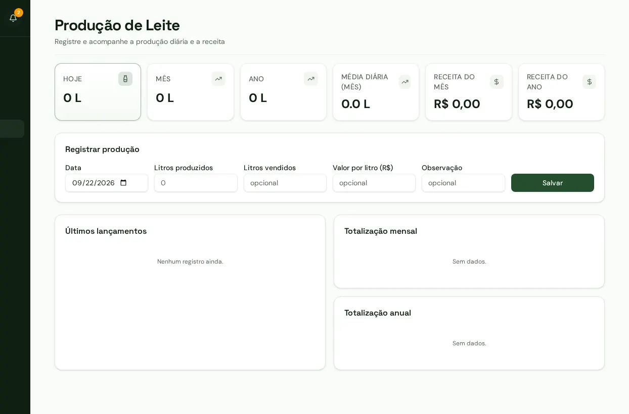 Tela de produção de leite no Agromanga, com o registro diário da ordenha e a evolução da produção